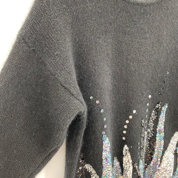 Vintage 80s Sparkly Silk Angora Black Sweater Abstract Sequins M Metallic Retro - Picture 7 of 7